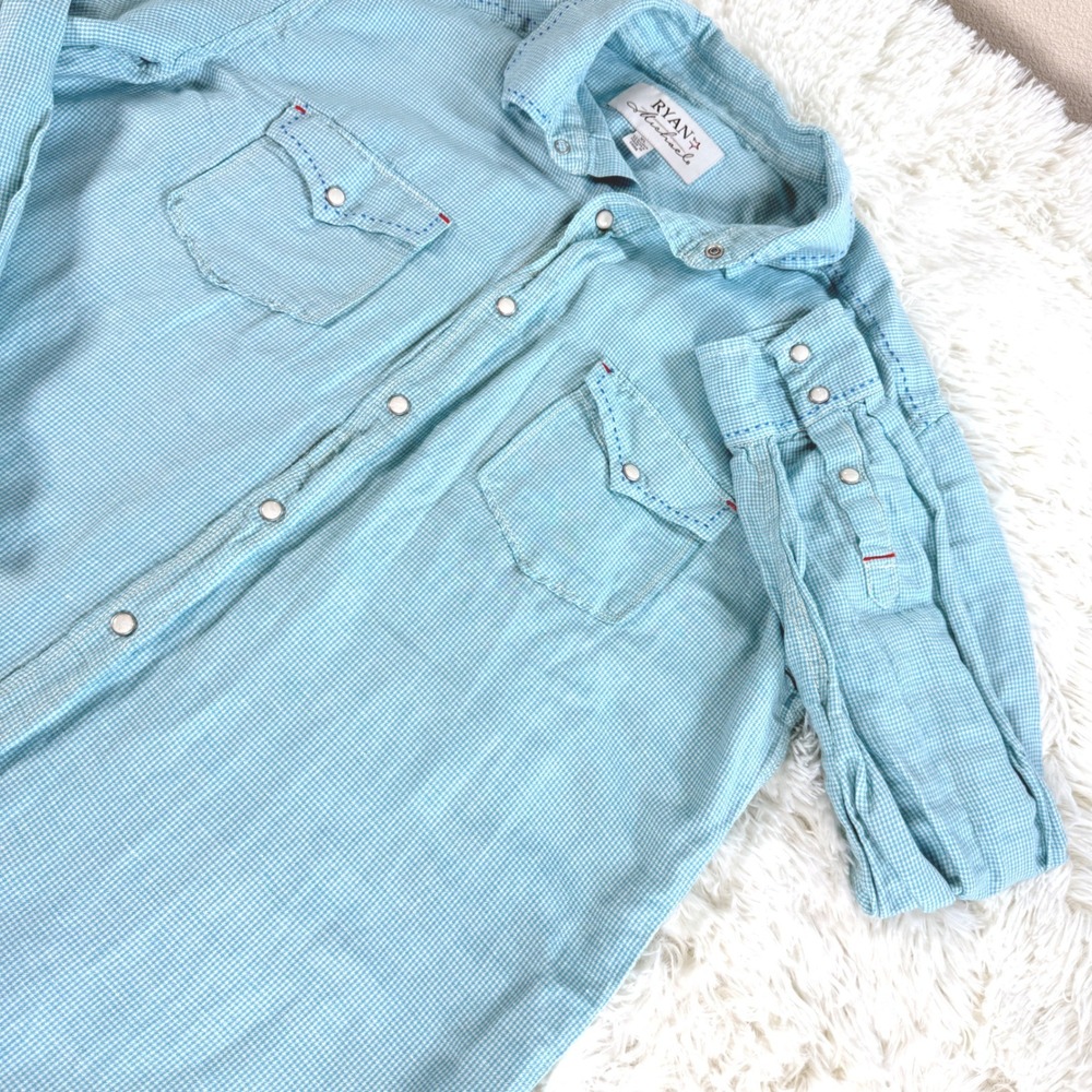 Vintage Ryan Michael Mens XL Gingham Linen Silk Snap Front Western Shirt Rodeo